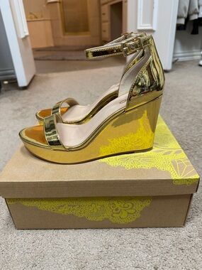 Mix No. 6 Gold Metallic Wedge Sandals with Ankle Strap - WORN ONCE